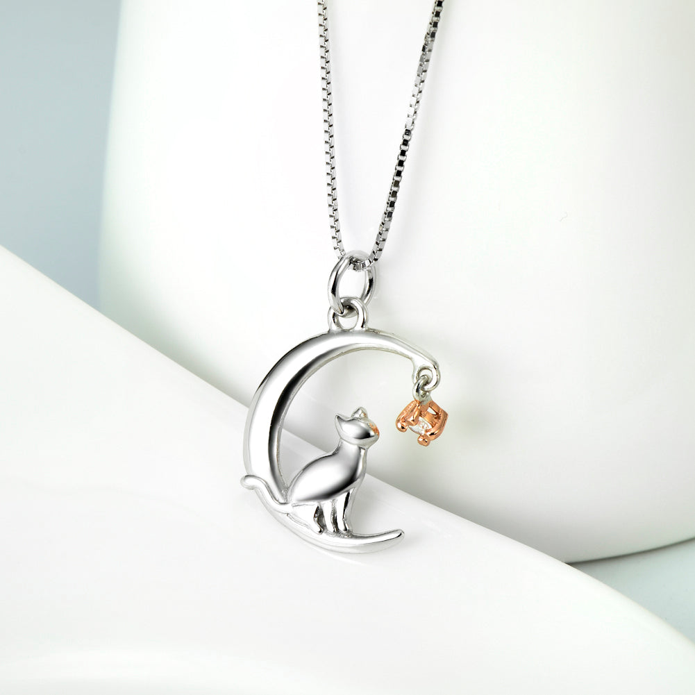 Sterling Silver Cat on The Moon Pendant Necklace